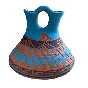 Pottery Hand Etched Wedding Vase.Red clay and powder blue and black color